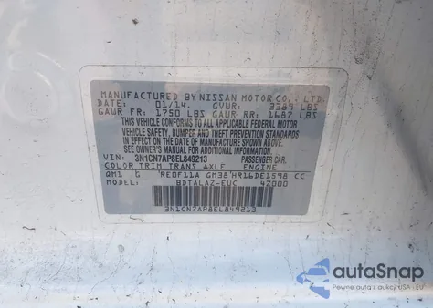 2014 Nissan Versa 1.6 S+ z USA, uszkodzony, nr VIN 3N1CN7AP8EL849213